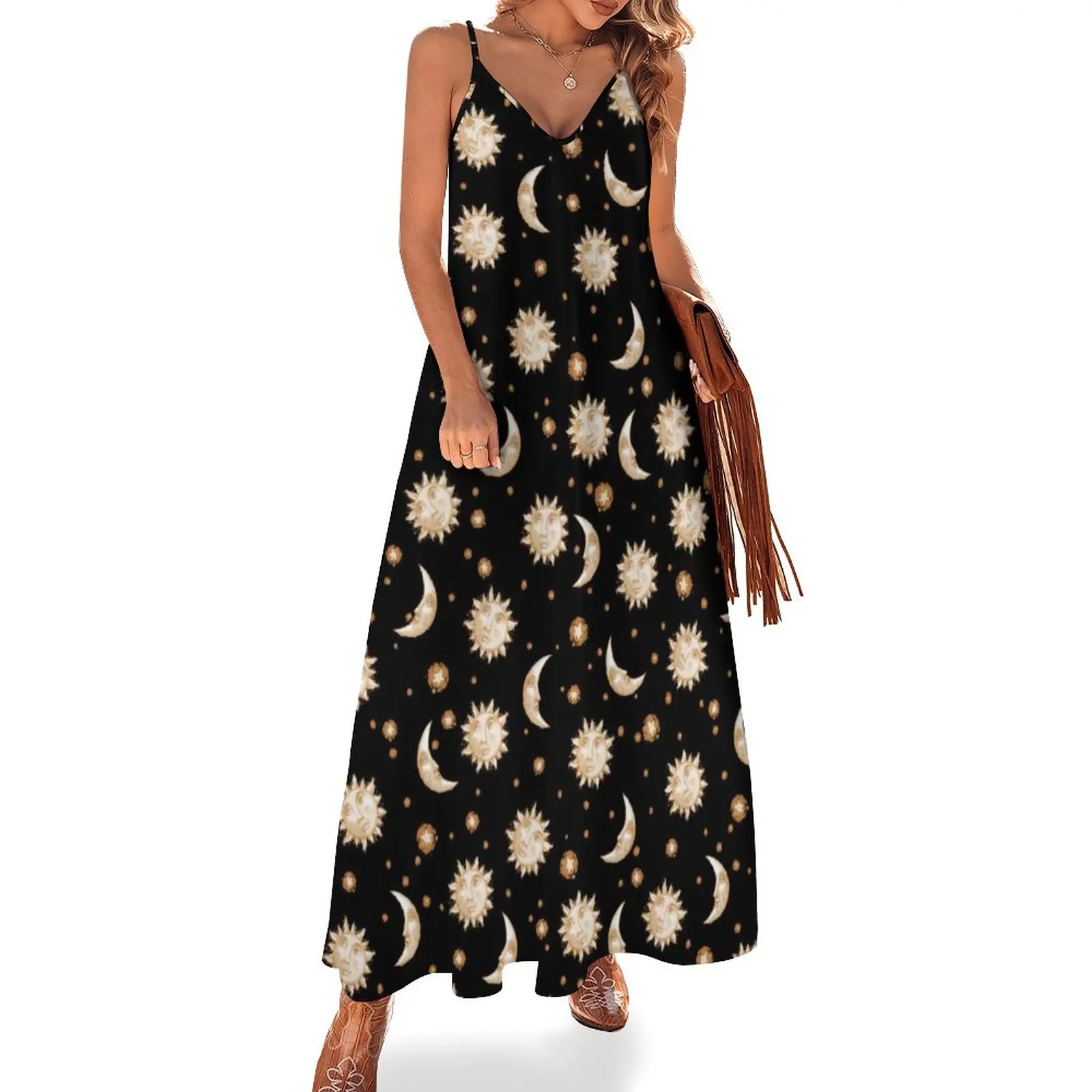 Retro Celestial Sun Dress Moon Gold Black Print Beach Maxi Dress Fashion Bohemia Long Dresses Womens Strap Pattern 3XL 4XL 5XL