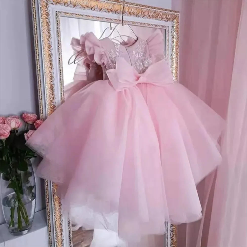 Luxury Pearls Flower Girl Dress Puff Girls Party Dresses for Wedding Short Sleeves Tulle Kids  flowergirl dress Ceremonial Dress