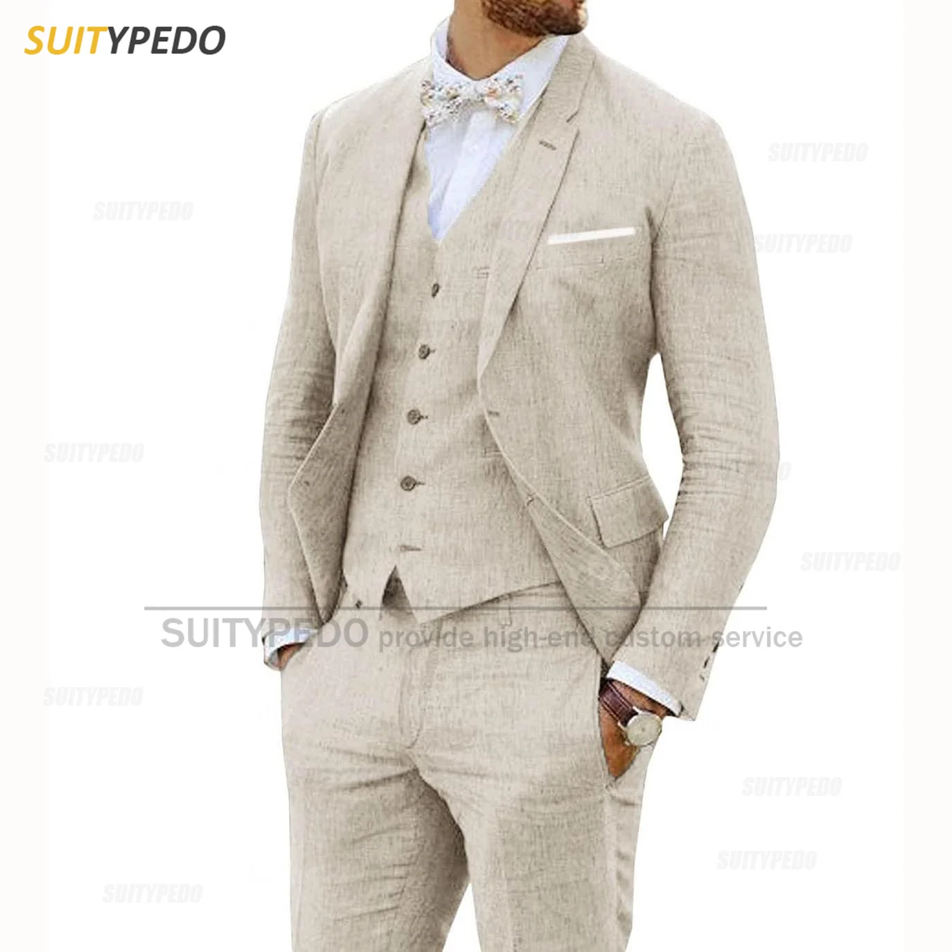 Beige Linen Suits for Men 3 Pieces Casual Slim Fit Suit Blazer Vest Pants Set Formal Prom Wedding Tuxedos for Groomsmen Best Man