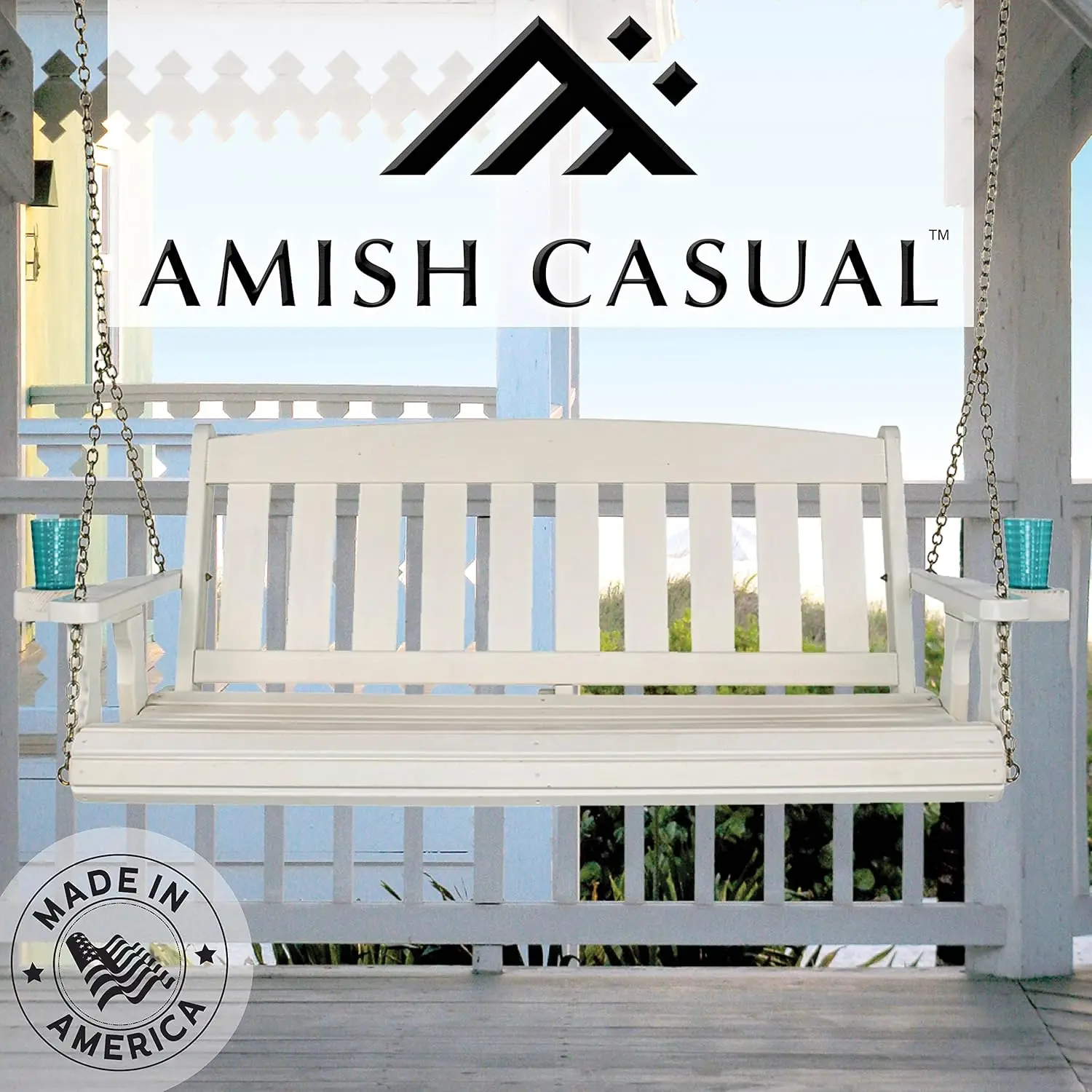 Heavy Duty 800 Lb Mission Treated Porch Swing With Hanging Chains And Cupholders (5 Foot, Semi-Solid White Stain)