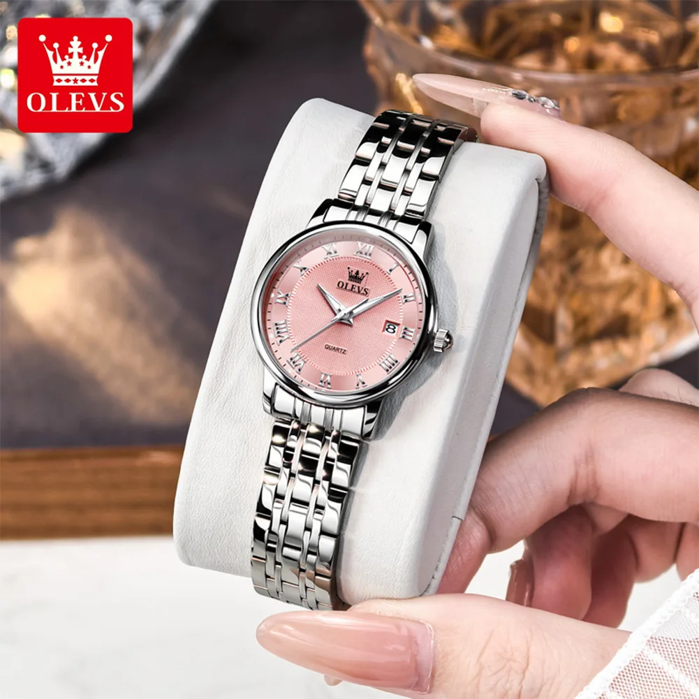 OLEVS Brand Women's Quartz Watches Roman Pink Dial Original Females Wristwatch Elegant Fashion Waterproof Luminous Date Clock