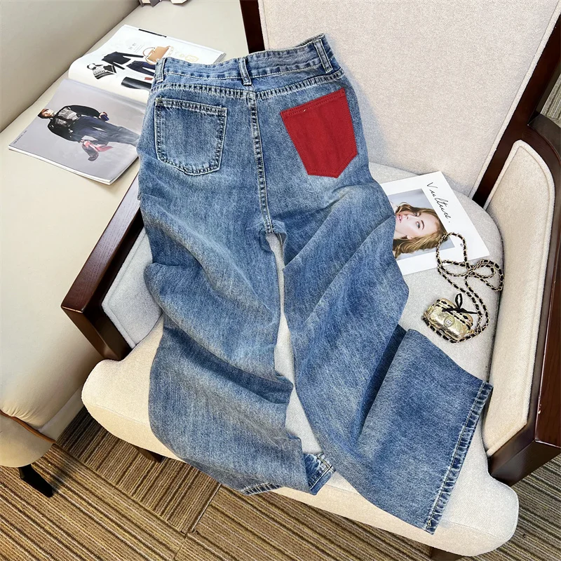 Blue Jeans For Women In 2023, New High-End Design, Korean Style Pocket Stitching, High Waisted Straight Tube Loose Fitting Pants