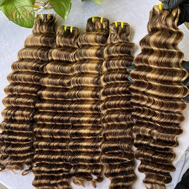 Raw P427 Highlight Deep Wave Bundles Ombre Brown Curly Human Hair 16A Vietnamese Virgin hair 100% Human Hair Extensions Thick