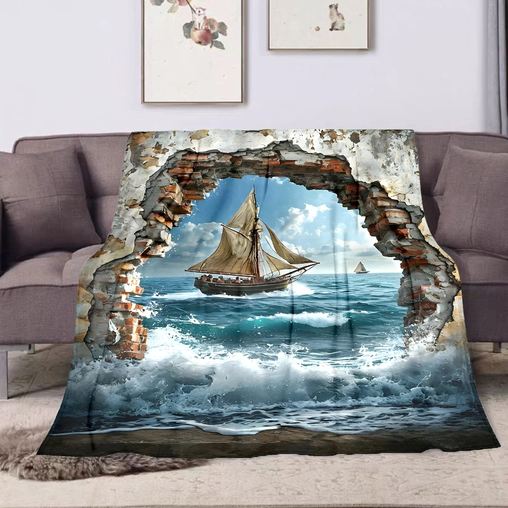 1PC Sailboat through wall hole printed blanket all seasons multi-purpose blanket suitable for sofa, camping, travel, car