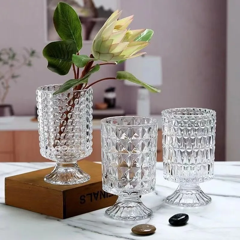 Home Decoration Relief Glass Vase European High Footed Transparent Flower Utensils Home Ornament Ins Creative Hydroponic Vase