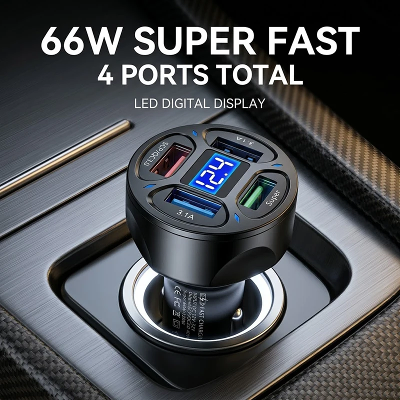 66W Multi-Port USB Car Charger 4 Ports Fast Charging Auto Adapter LED Battery Voltage Display 12V 24V For Phone Dash Cam