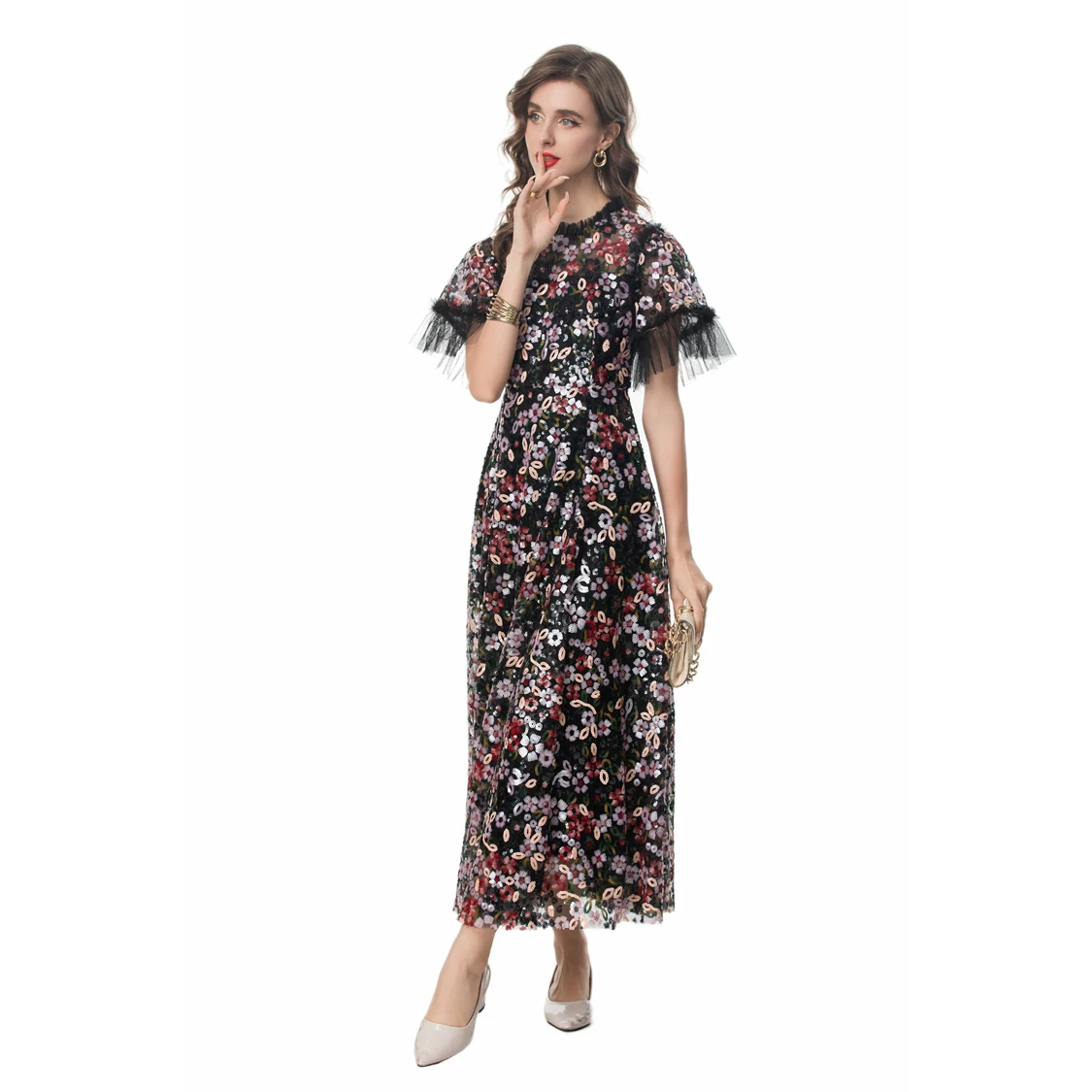 Women\'s Party Dress O Neck Short Sleeves Sequined Elegant Designer Vestidos Gown in Plus Sizes