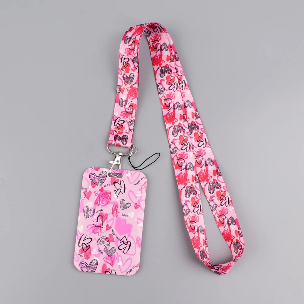 Colorful Print Love Heart Lanyard Business Credit Card Holder ID Badge Holder Bag with Neck Strap For Student Women Card Cover