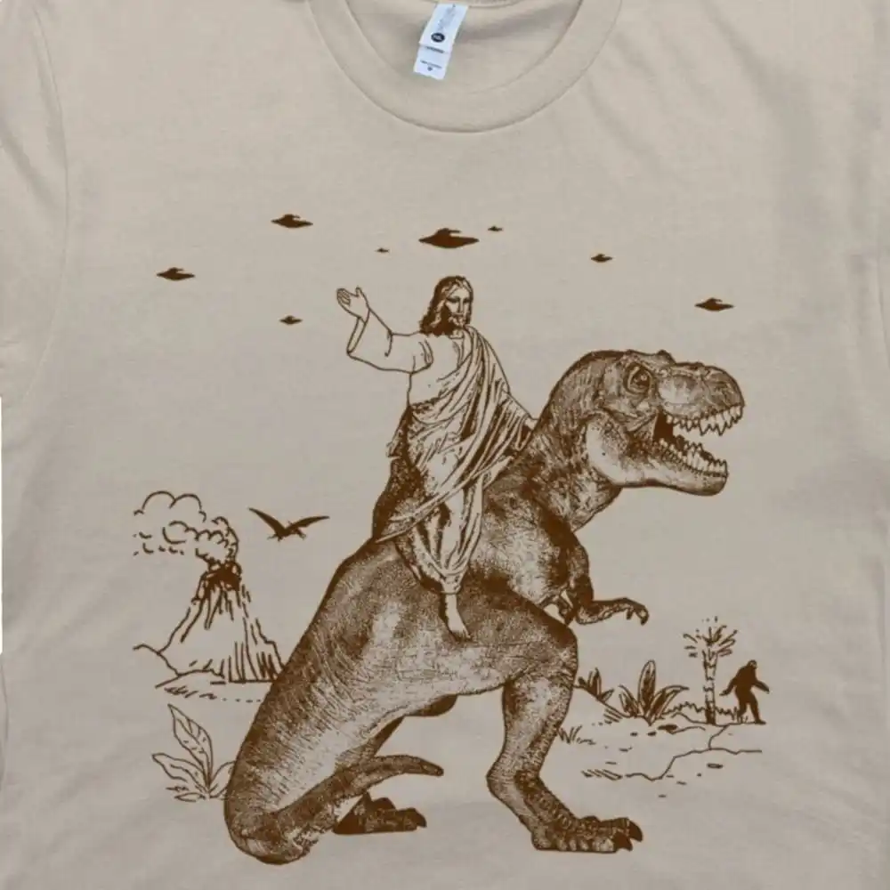 Jesus Riding Dinosaur T Shirt Ufo Funny Offensive Cool Crazy For Guys Novelty