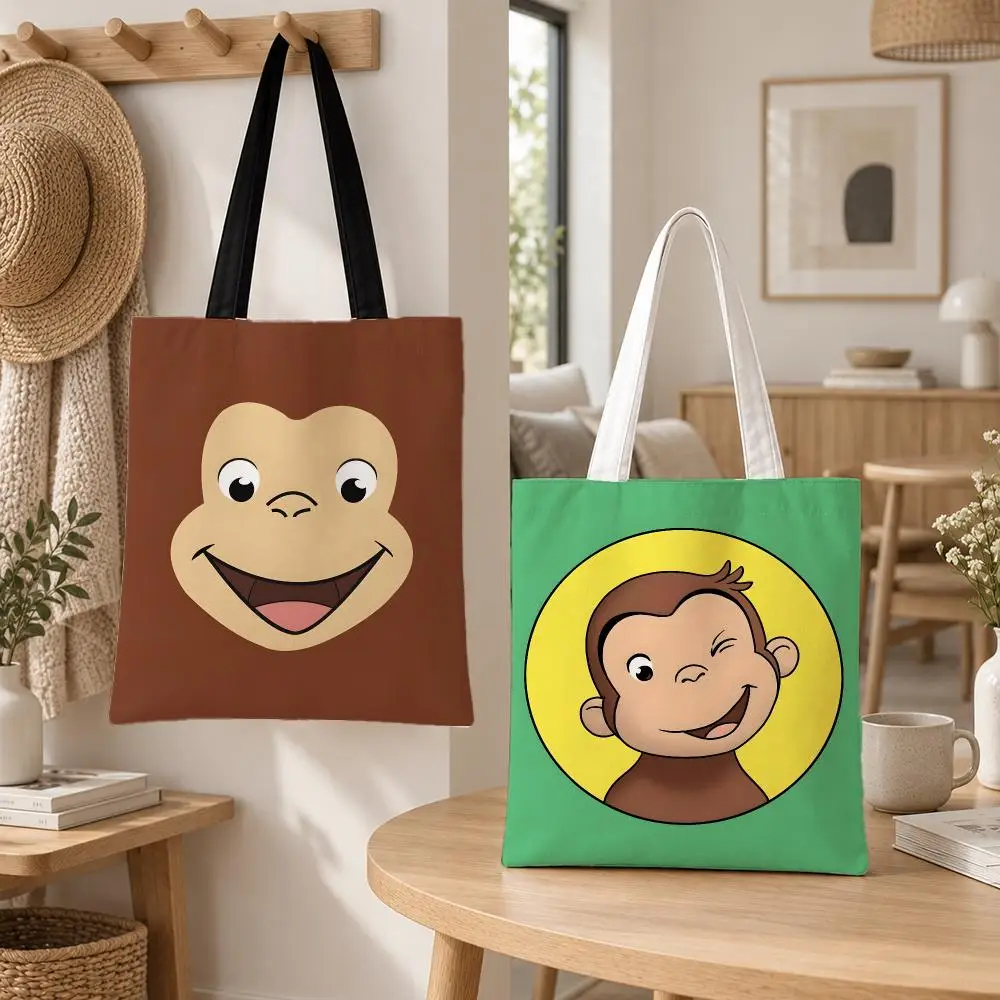 Animation Curious George Storage Bags Storage Bags Canvas for Women Reusable Shoulder Shopping Bag for School Gifts