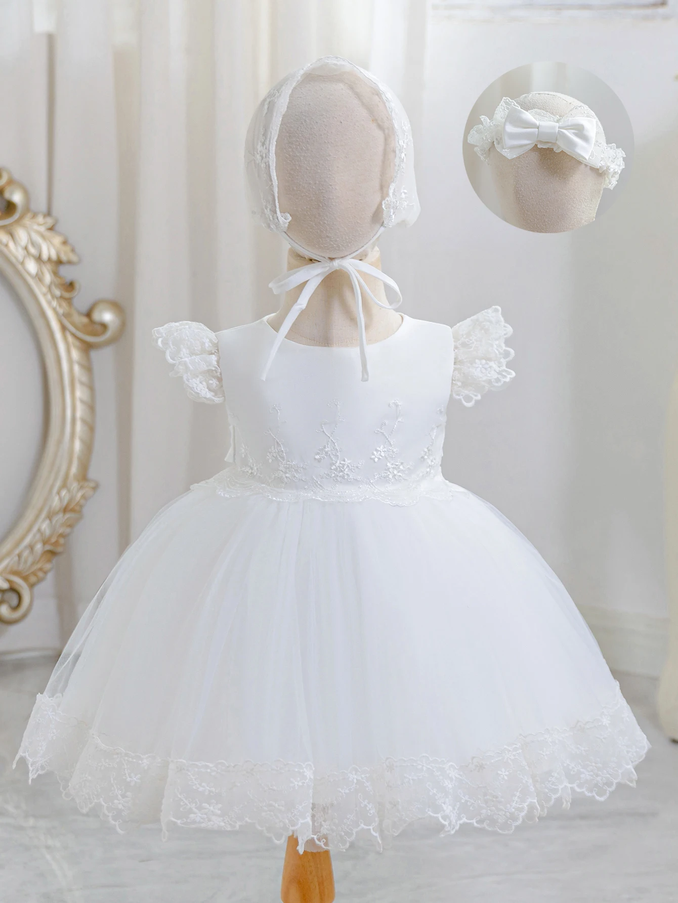 3-24 Month Old Baby Girl White Baptismal Dress Lace Mini Dress Birthday Party Fluffy Veil Dress