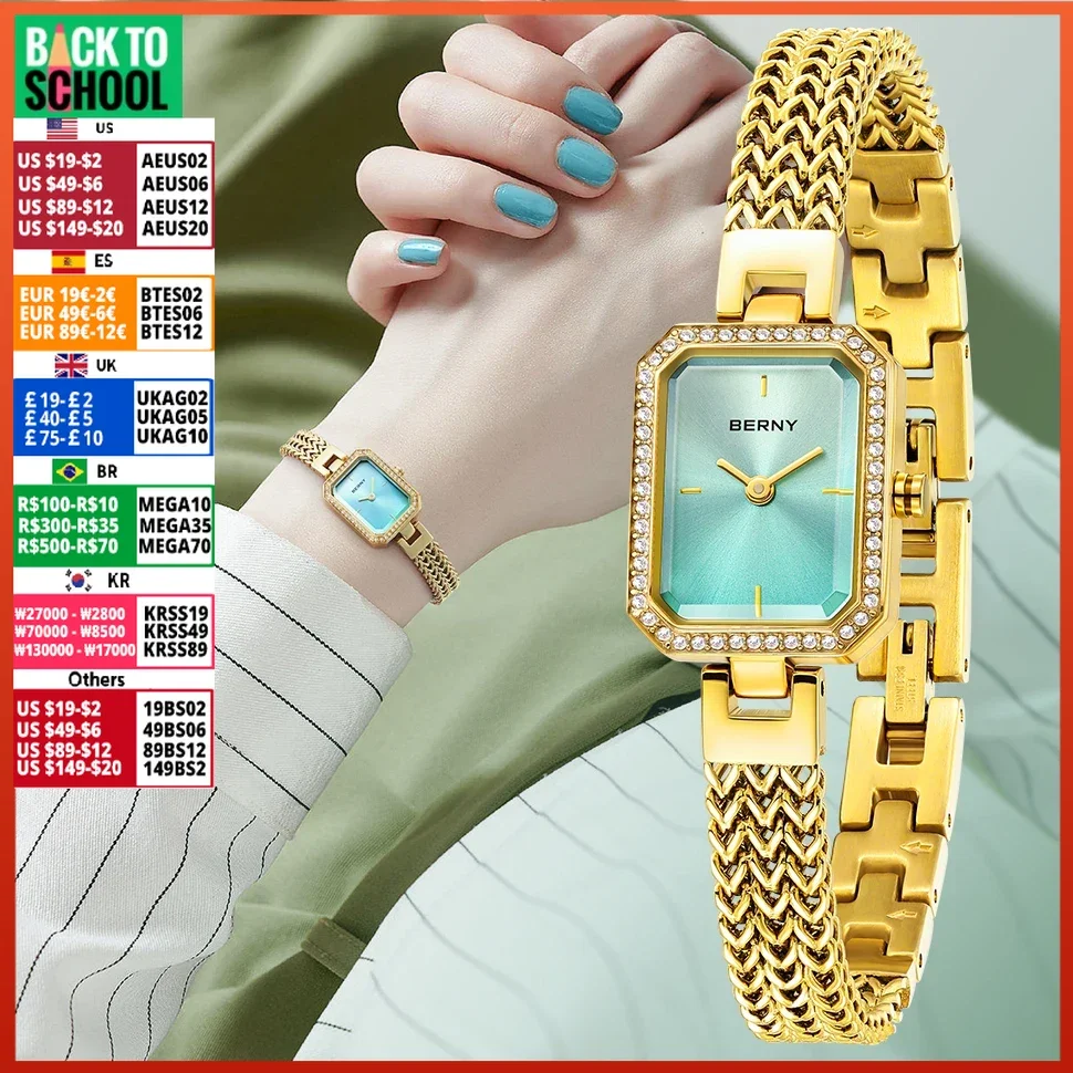 

BERNY Gold Women's Watches Diamonds Luxury Elegant Rectangle Ladies Quartz Watches Fashion Minimalist Girls Dress Wristwatch