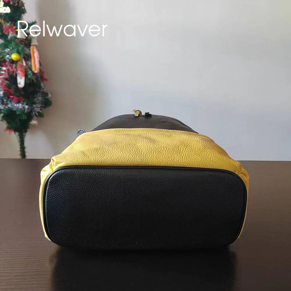 Relwaver soft folding backpack genuine leather backpack 2025 winter black contrast yellow women backpack big school backpack bag