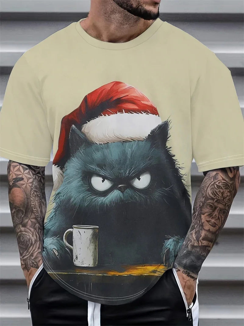 Funny Men's Angry Cat Print T-shirt Cartoon Graphic T Shirt for Men Summer Crew Neck Short Sleeve Festive Casual Streetwear Top