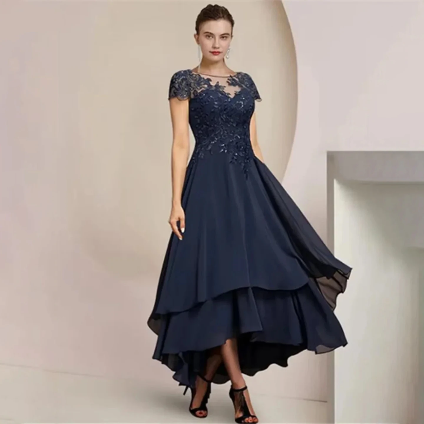 

Lace Embellished Evening Dress for Wedding Party Dress A-line Chiffon High Low Hem Mother of the Bride Dress Customized