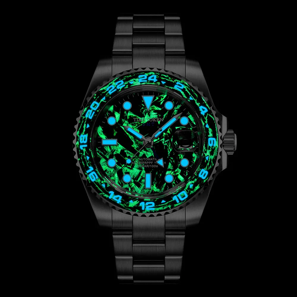 TIME TOKEN GMT Watches Carbon Fiber Sapphire Mechanical Watch 10Bar Waterproof 40mm Luxury Diver Men Wristwatch reloj hombre