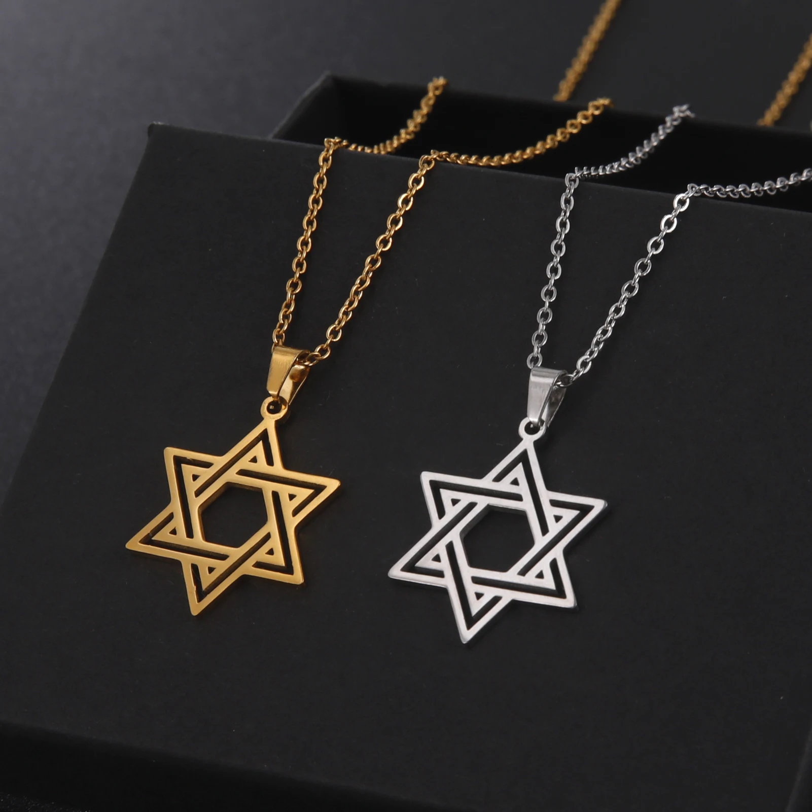 VASSAGO Retro Punk Solomon Seal Hexagonal Star Necklace Jewish David Star Pendant Necklace for Men Women Stainless Steel Jewelry