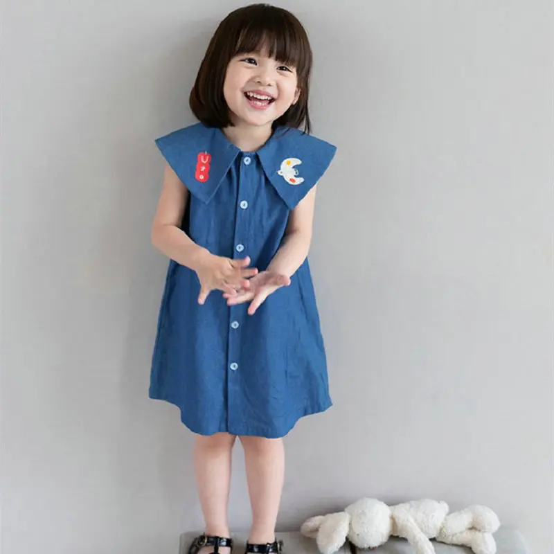 Girls' Denim Embroidered Cartoon Sleeveless Dress25Spring and Summer New Fashion Foreign Trade Children's Clothing Wholesale