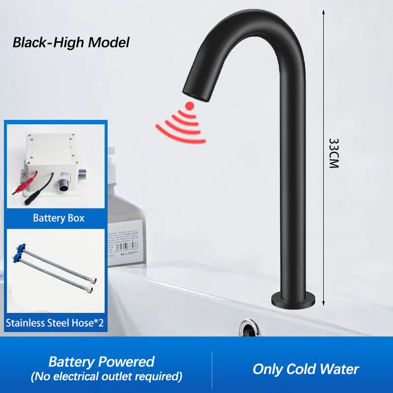 Zwarte automatische aanraakvrije infraroodsensor badkamerkraan. Touchless tapware. Koud warm water mixer kraan. Badkamer gootsteen kraan