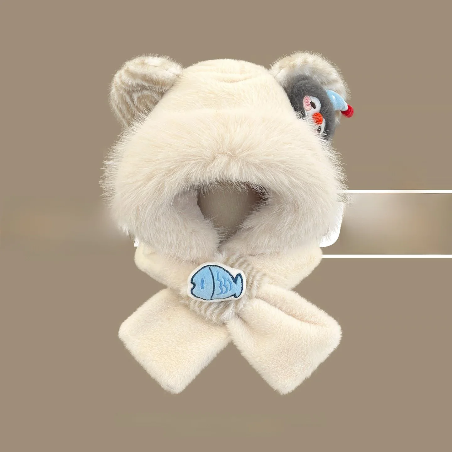 cute-penguin-fish-bear-ear-plush-hat-scarf-two-piece-set-winter-cold-protection-warm-ear-protection-cycling-versatile