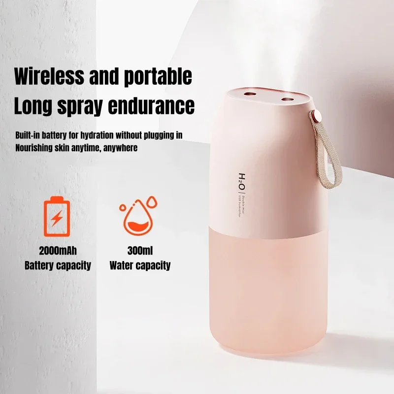 300ml Dual Sprayer Air Humidifier 2000mAh USB Rechargeable Battery Wireless Fogger Diffuser Light Umidificador