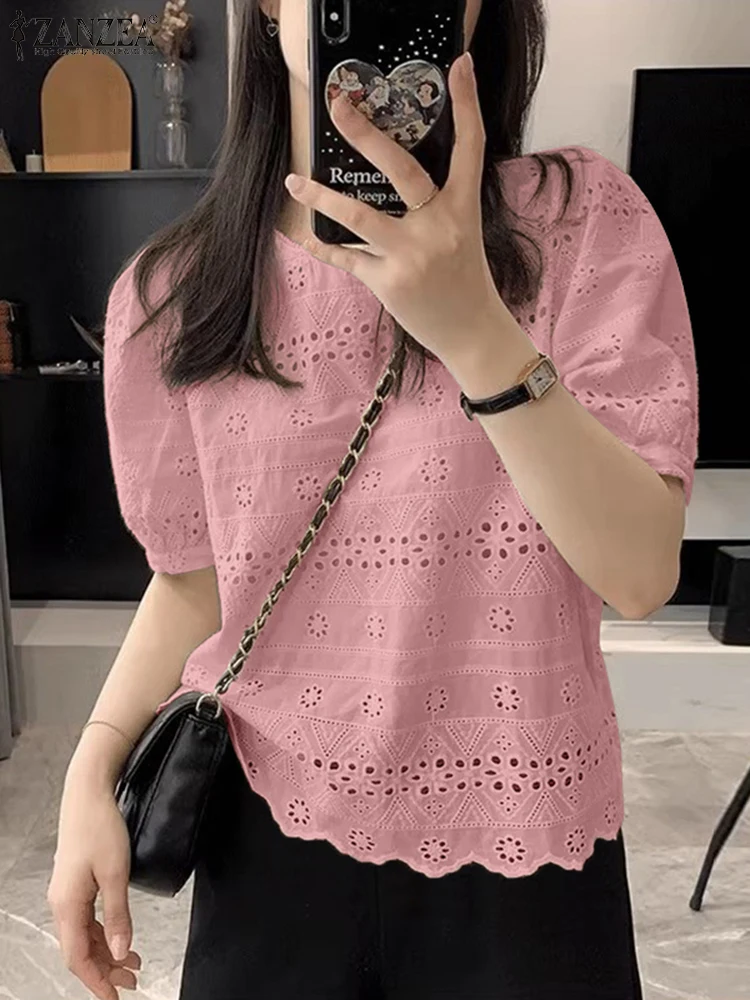 ZANZEA Openwork Embroidery Blouses Women Elegant Puff Sleeve O Neck Lace Patchwork Blusas Mujer Casual Commute Solid Smock Tops