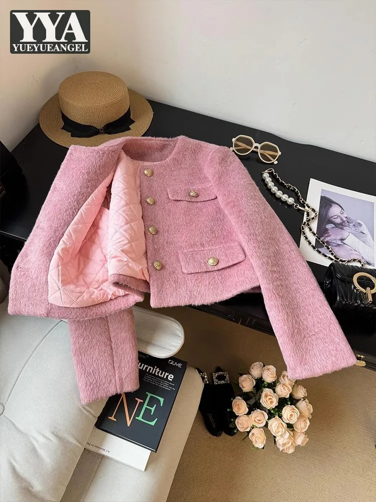 Women Fashion Thicken Padded Liner Tweed Jacket O-Neck Long Sleeve Single Breasted Office Lady Elegant Casual Short Parkas Coat