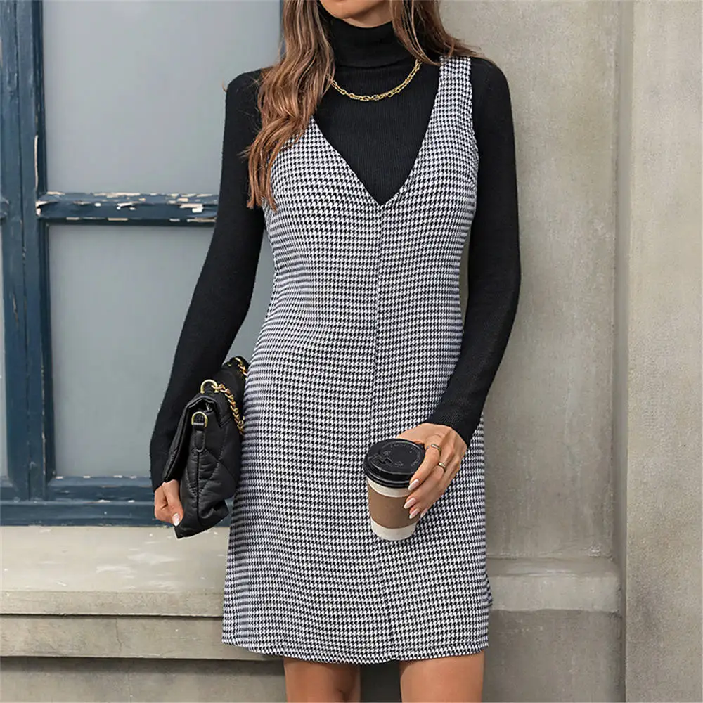 여성 Houndstooth 드레스 패션 소녀 V 넥 미니 드레스 ‌ 우아한 옷 여름 스트리트웨어