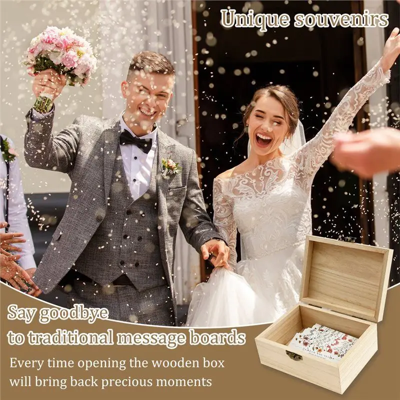 BNVN-Wooden Storage Box With Metal Lock For Home Party Decor 50 Card Postcard Organizer Wedding Advice Cards