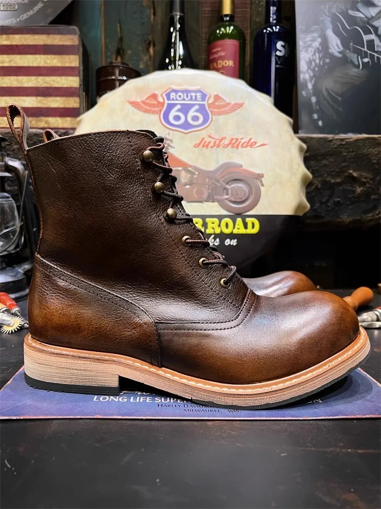 Genuine Leather Handmade Motorcycle Short Boots Mens Red Wine Lace Up Round Toe Vintage High Top Shoes Autumn Equestrian Boots