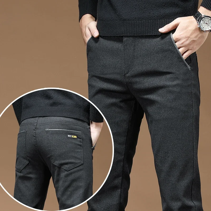 Autumn Men's Straight Business Casual Pants Elastic Brushed Fabric Soft Cozy Slim Fit Trousers Korean Fashion Male Clothes