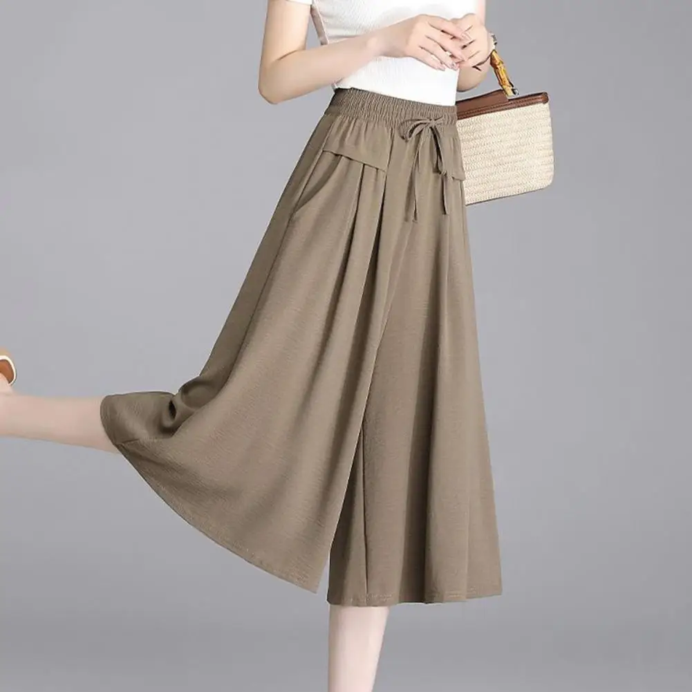 2025 Wide-leg Elastic Waist Pants Stylish Women's High Waist Wide Leg Cropped Pants with Adjustable Lace-up Detail Pockets for L