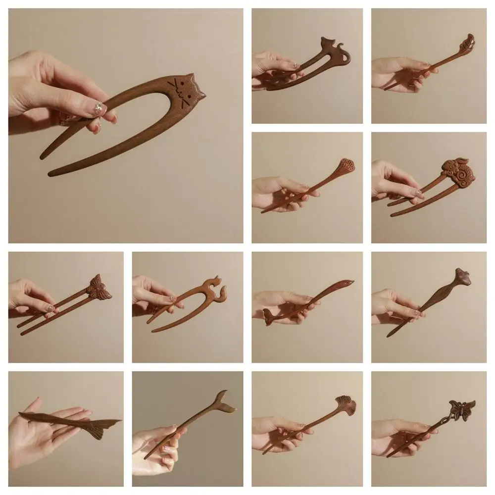 Hout Houten Haarstok Kat Dieren Chinese Stijl Haarspeld Haarstokken voor Broodjes Vlinder Hanfu Hoofddeksels Kapsel Ontwerp Tool