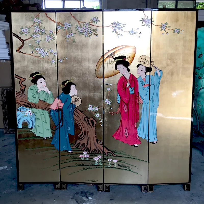 Folding screen hand-painted concubine enjoying spring picture bright light Chinese Ming and Qing classical furniture background
