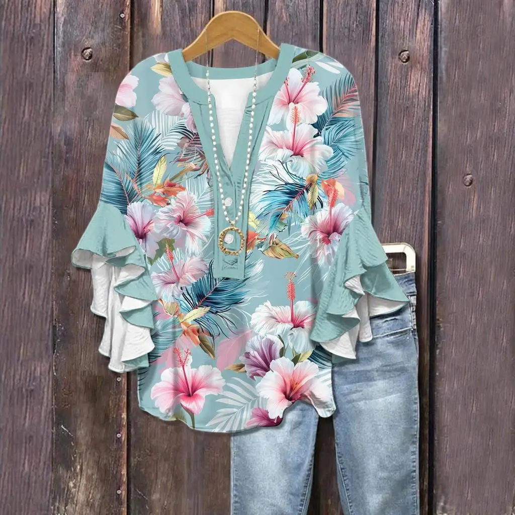 Women's Spring Summer 3D Printed V Neck Ruffle Sleeve Blouse, Black Green Orange Lily Floral Print Casual Daily Top