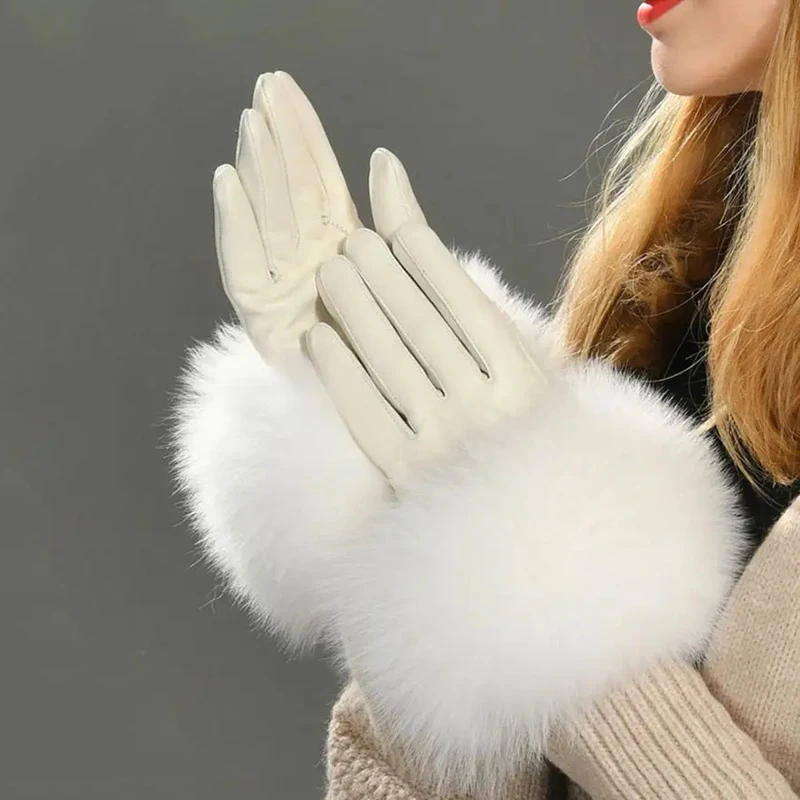 

Jxwatcher Wholesale Fox Fur Gloves Real Sheepskin Glove with Natural Fur Genuine Leather Glove Winter Thicken Warm Fluffy Lining