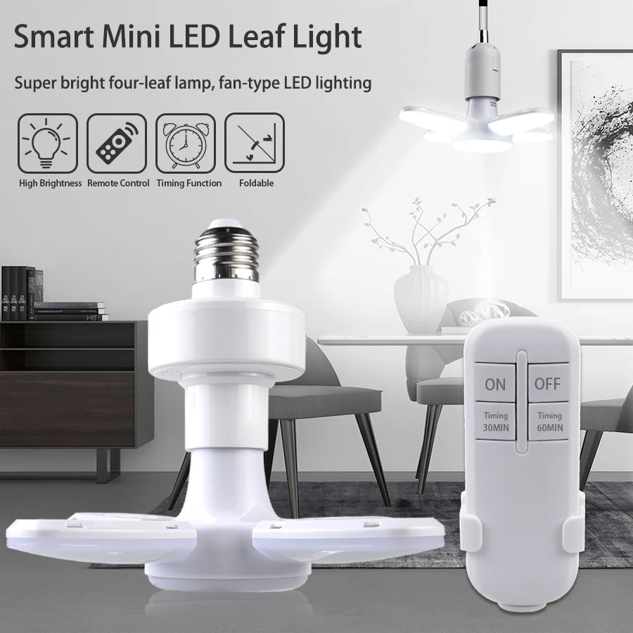 Smart LED Bulb Fan Blade Foldable E27 220V 28W Remote Control Leaf Lamp Timing Function For Living Room Bedroom Galley