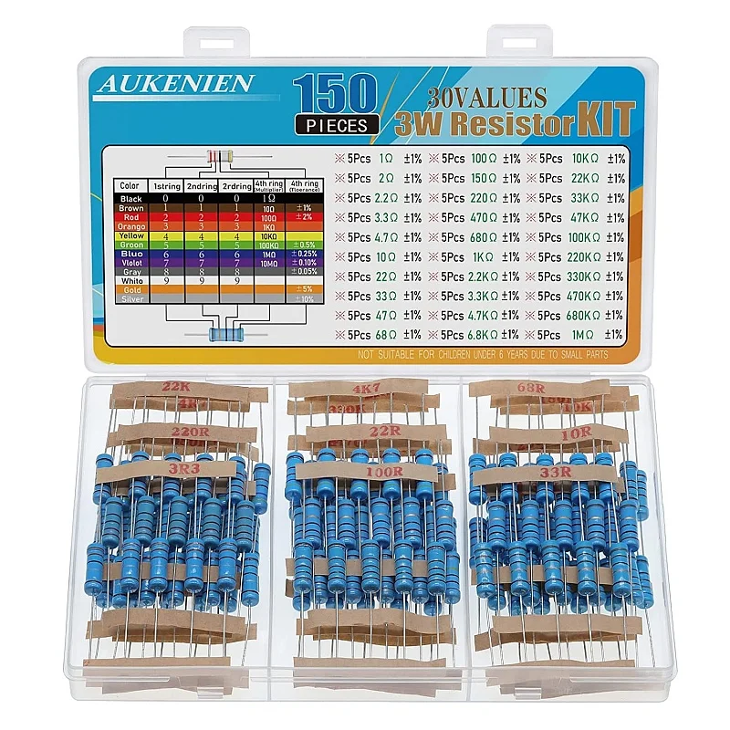 3W Resistor Assortment Kit, 30 Values, 150 Pieces, Metal Film Resistors,, 1 to 1M Ohm Resistor Set, ±1% Tolerance
