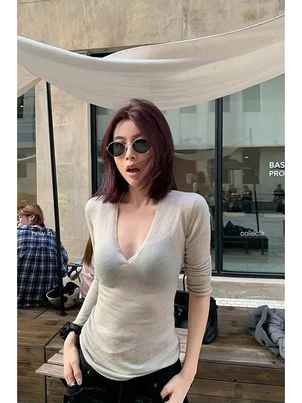 

Женский трикотажный топ Tee Goood с V-образным вырезом, из смесовой шелково-шерстяной ткани, с длинным рукавом, базовый слой, облегающий, простой, из полиэфирного волокна