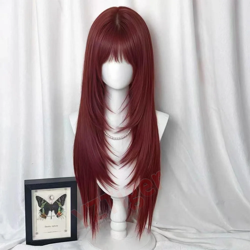 Women's Long Layered Red Straight Wig with Air Fringe Heat Resistant Synthetic Reddish Wig for Daily Party Halloween Cosplay