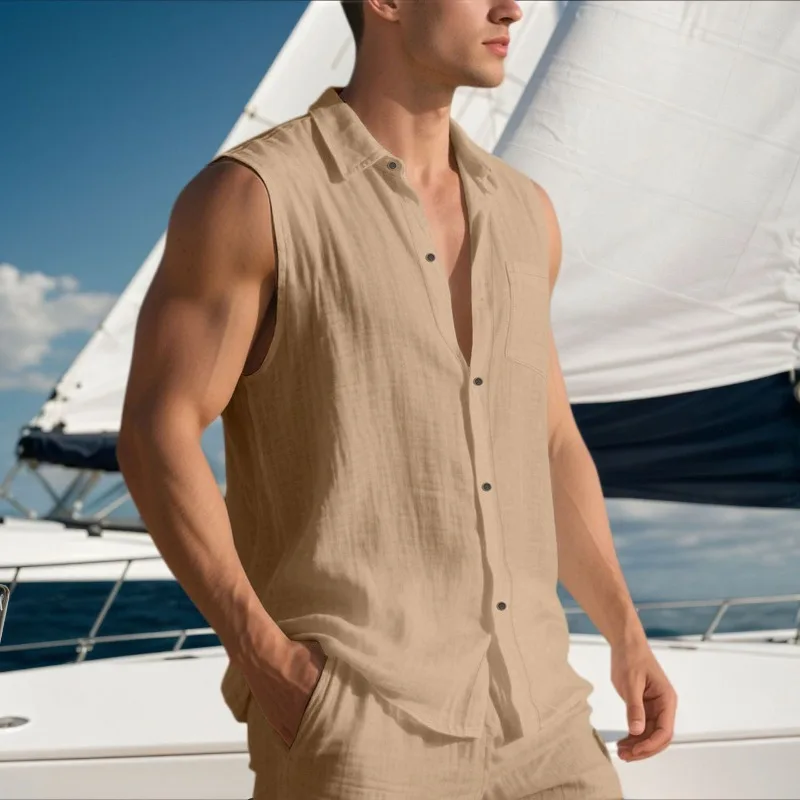 

Men's Spring and Summer Shirt Vest Fashion Casual Lapel Sleeveless Shirt New Men's Clothing