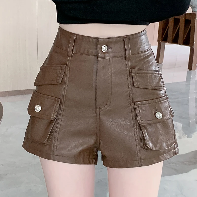 Moda coreana outono inverno preto couro do plutônio elegante fino workwear shorts feminino marrom sexy clube alta wiast envoltório hip calças curtas