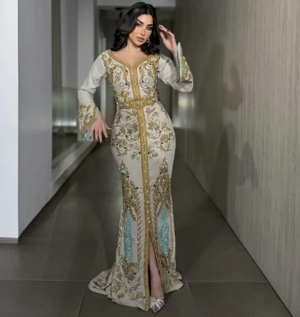Marokkanischer Kaftan, muslimische Abendkleider, Meerjungfrau, lange Ärmel, Applikationen, Perlen, Dubai, arabische Abaya, islamisches Kleid, maßgeschneidert