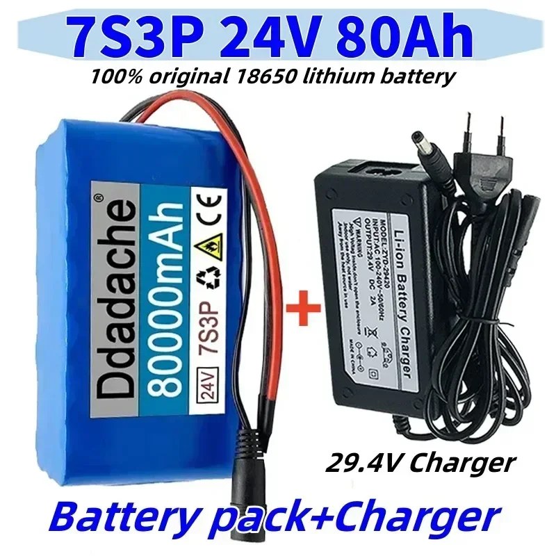 New 24V 80Ah 7S3P 18650 Lithium Battery 29.4v 80000mAh Battery Pack Electric Bicycle Electric+29.4v Charger