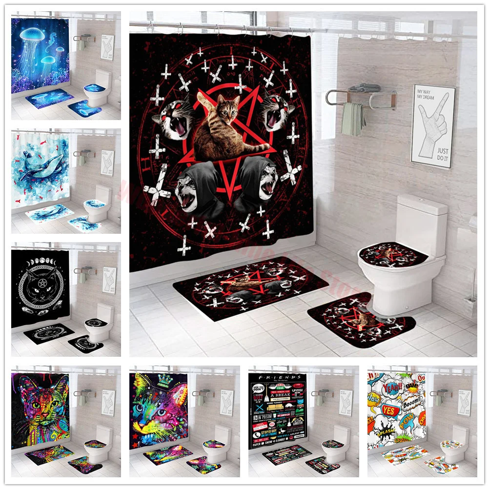 Satanic Cat Pentagram Death Black Metal Shower Curtain Durable Bathroom Curtains 12 Hooks Bathroom Curtain Mildew Proof Decor