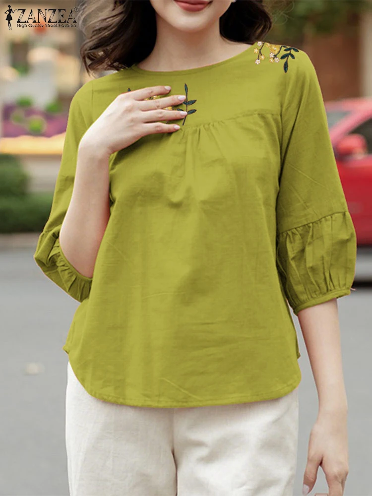 

ZANZEA Oversized Women Floral Print Blouses Fashion Shirts 2025 Autumn 3/4 Puff Sleeve Casual Tunic Tops O-Neck Vintage Blusas