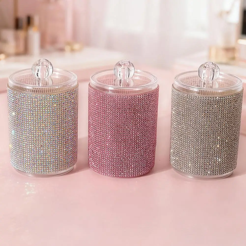 Rhinestone Shiny Cotton Swab Jar with Lid Sparkling Storage Jar Dustproof Cotton Pad Organizer for Vanity And Bathroom Storage