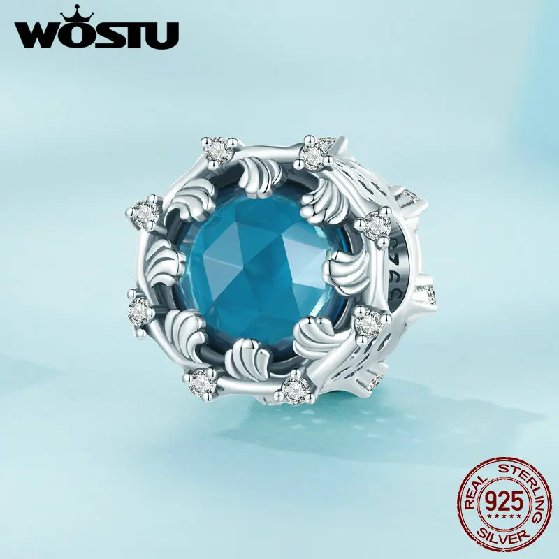 WOSTU 925 Sterling Silver Ocean Spray Bead With Big blue Glass Fit Bracelet & Necklace for Women Fine Jewelry Luxury Party Gift