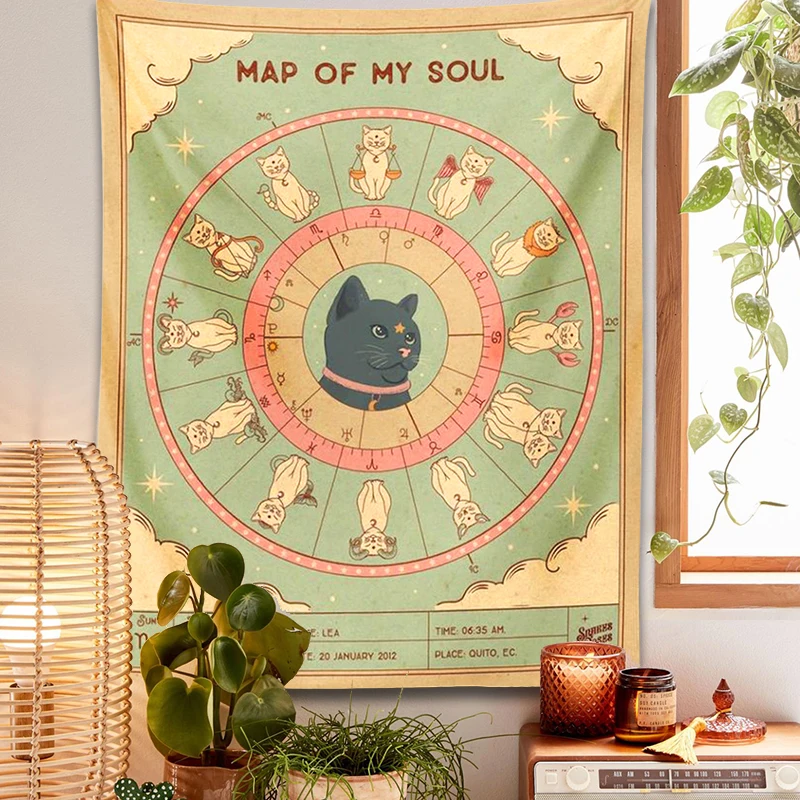 Cat Tapestry map of my soul tarot Constellation Wheel of the Zodiac Astrology Chart retro Bohemian Living Room Home Dorm Decor