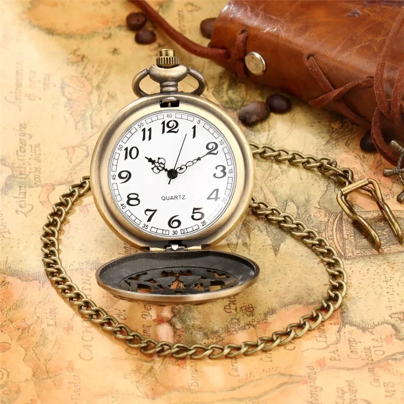 Bronze Hollow Out Cover DAD Design Men's Antique Quartz Analog Pocket Watch with Sweater Fob Chain Ideal Present To Father